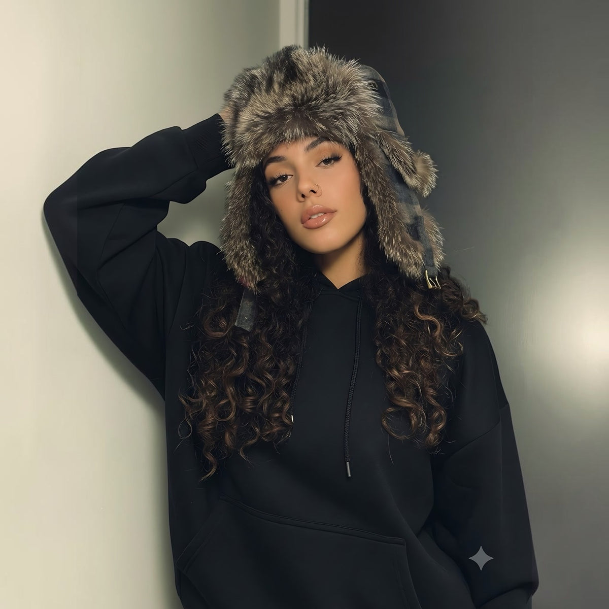 Natural Raccoon Aviator Style Hat - Plaid Fabric