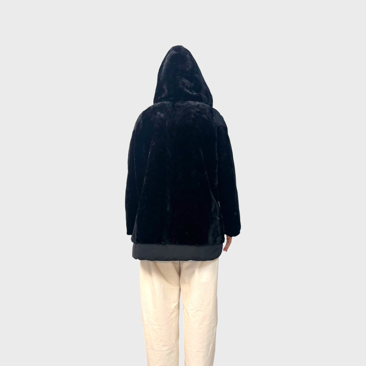 Black Sheared Mink Paw Hooded Jacket - Zipper Details