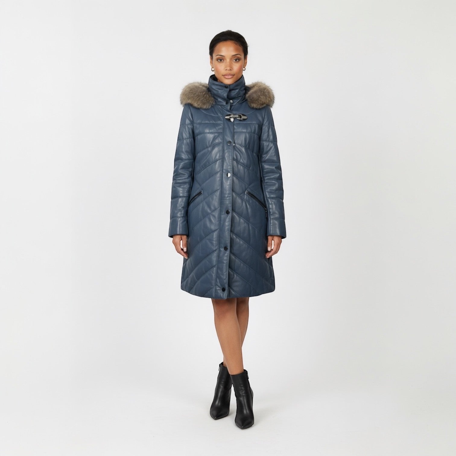 Denim Blue Leather Jacket - Detachable Hood Fur Trim