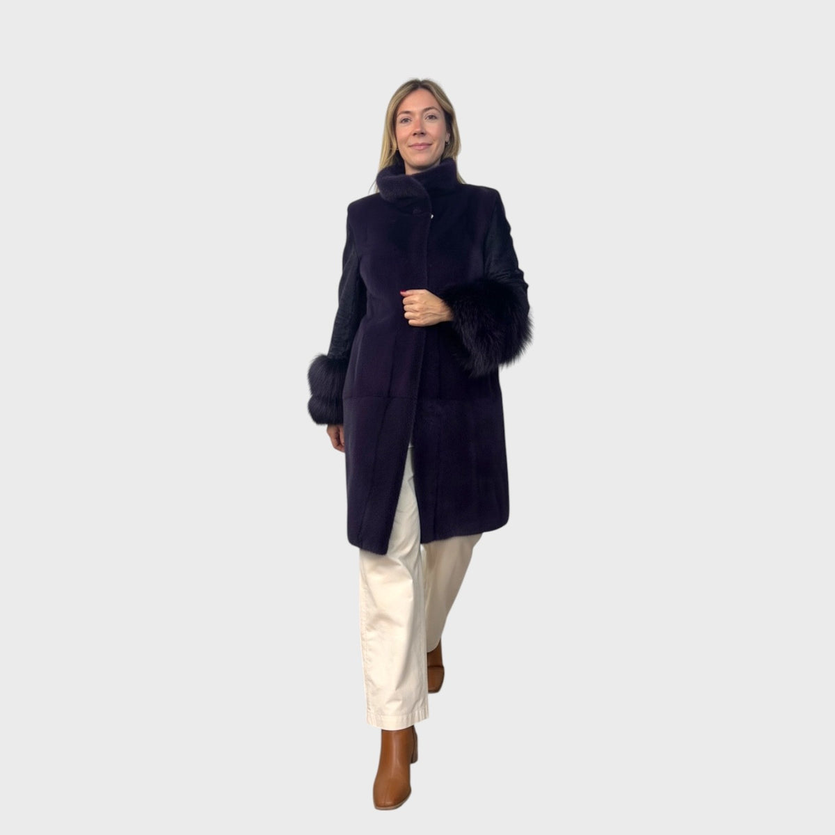 Purple Dyed Female Mink 7/8 Coat - Matching Swakara Sleeves & Fox trim
