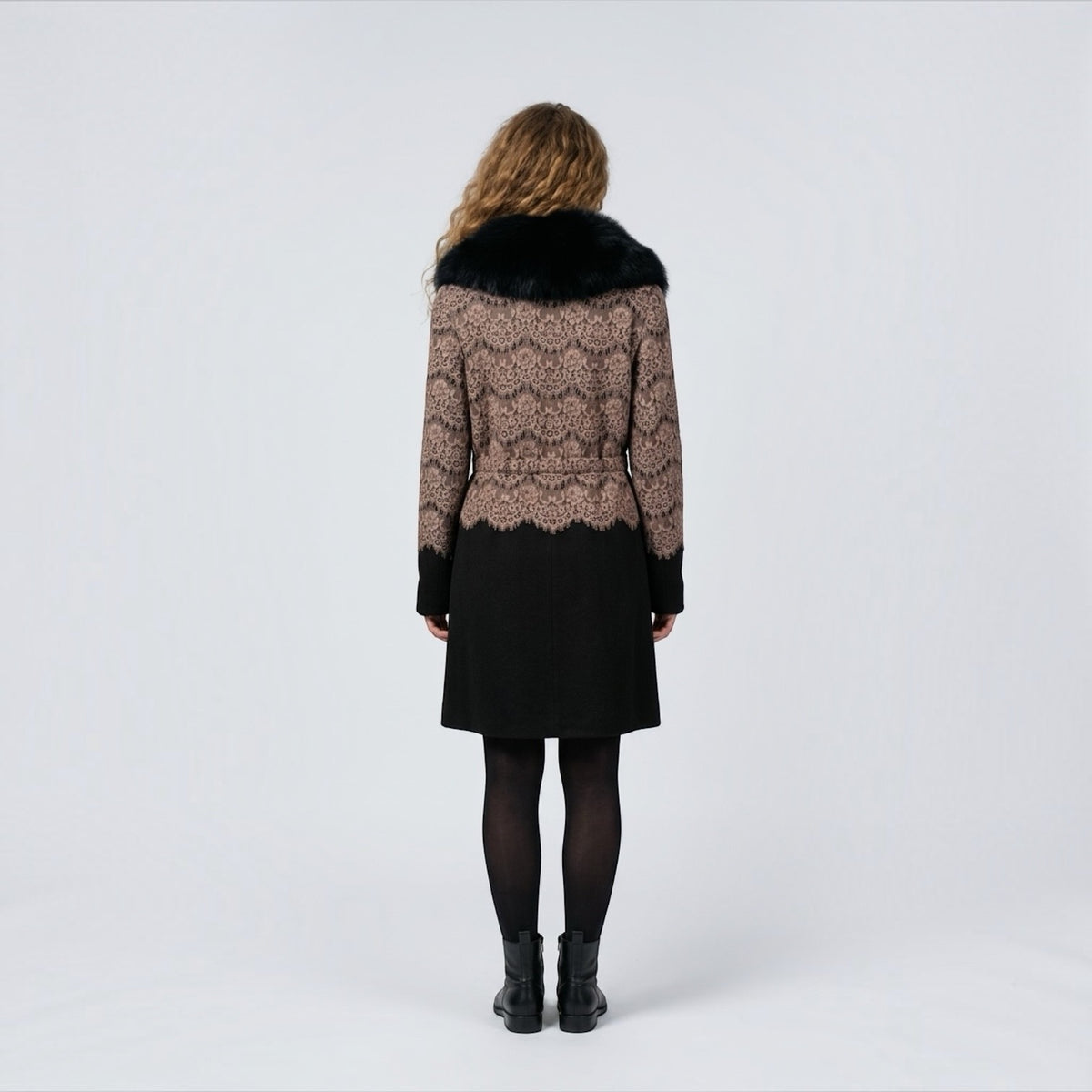 Guy Laroche Double Face Cashmere & Lace Coat with Fox Collar