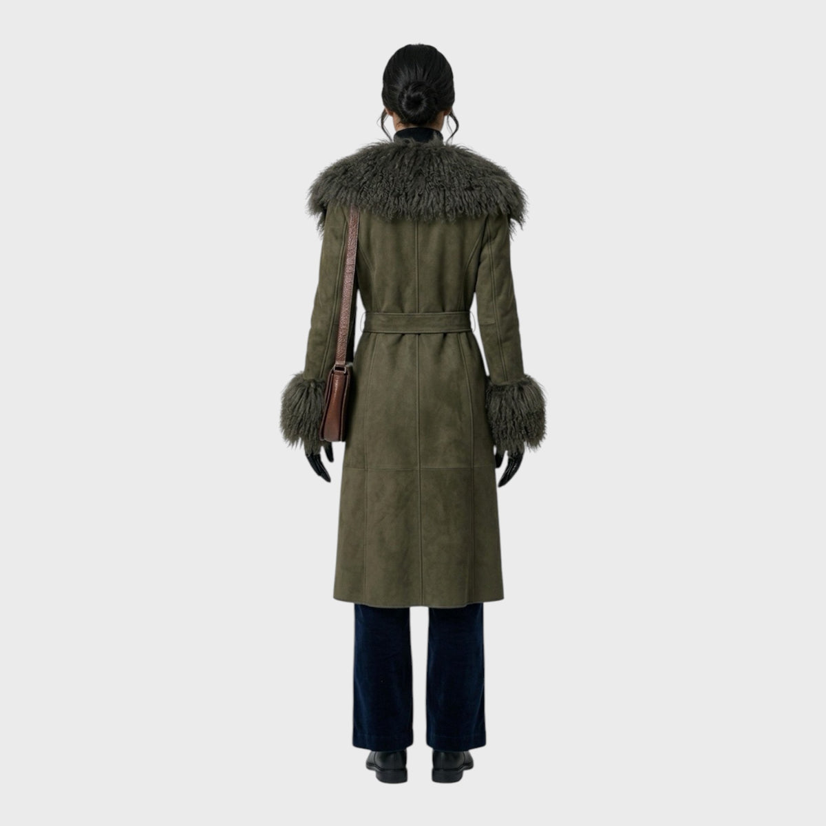Olive Suede Coat with Mongolian Lamb Collar & Cuffs