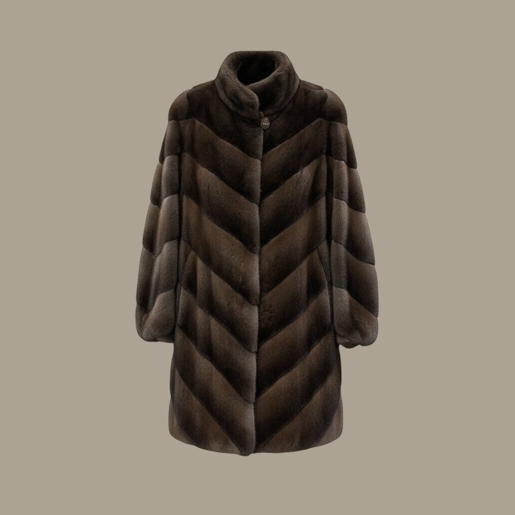 Brown Dyed Chevron Style Female Mink 3/4 Coat