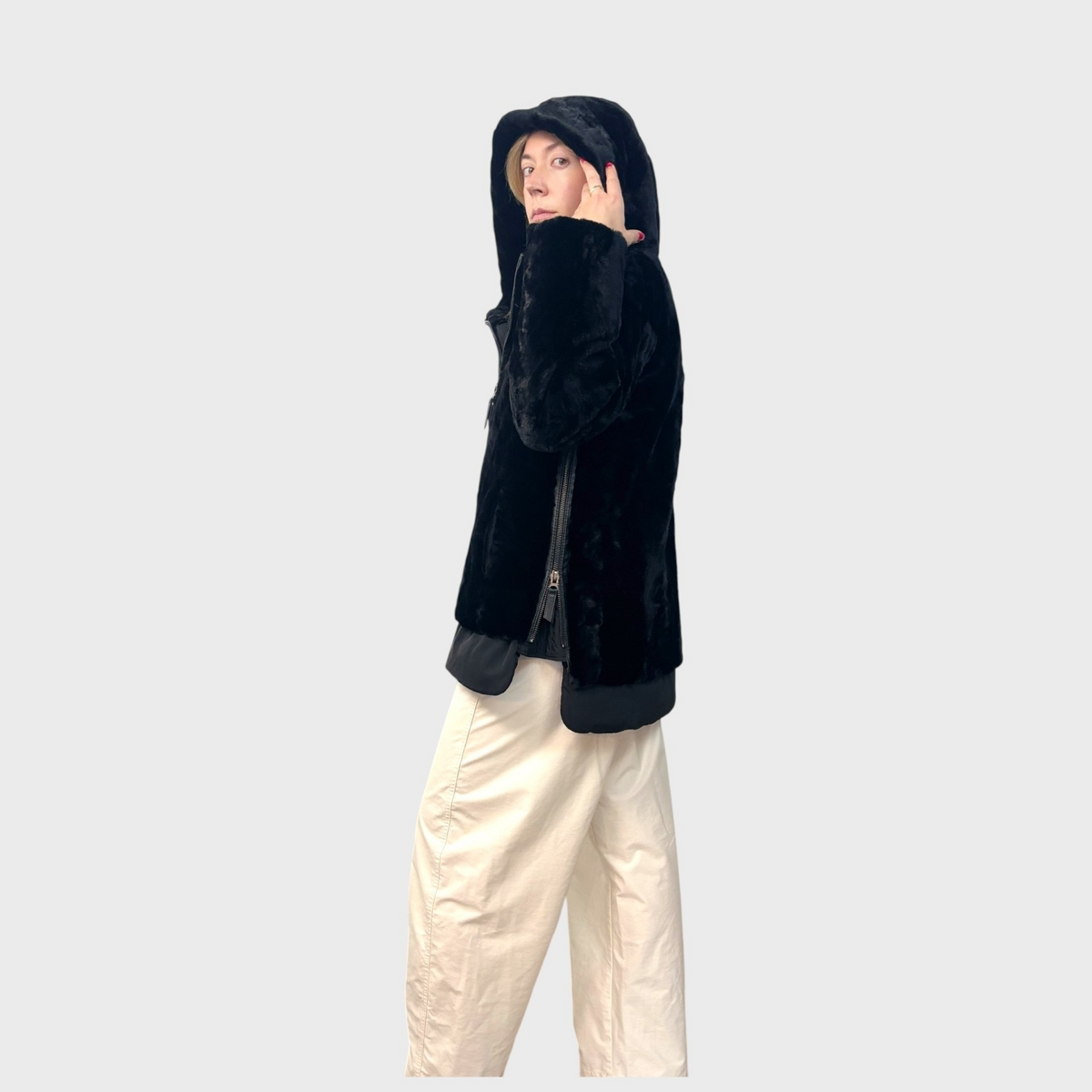 Black Sheared Mink Paw Hooded Jacket - Zipper Details