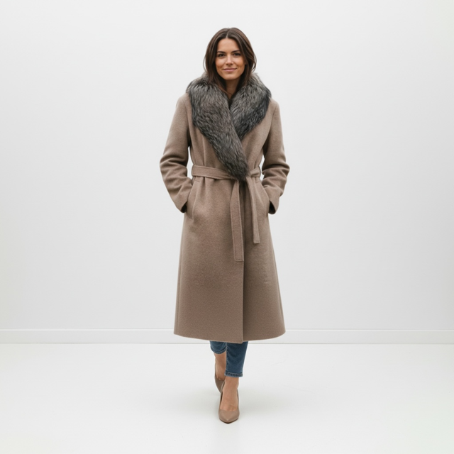 Baby Alpaca 7/8 Coat with Detachable Fox Collar