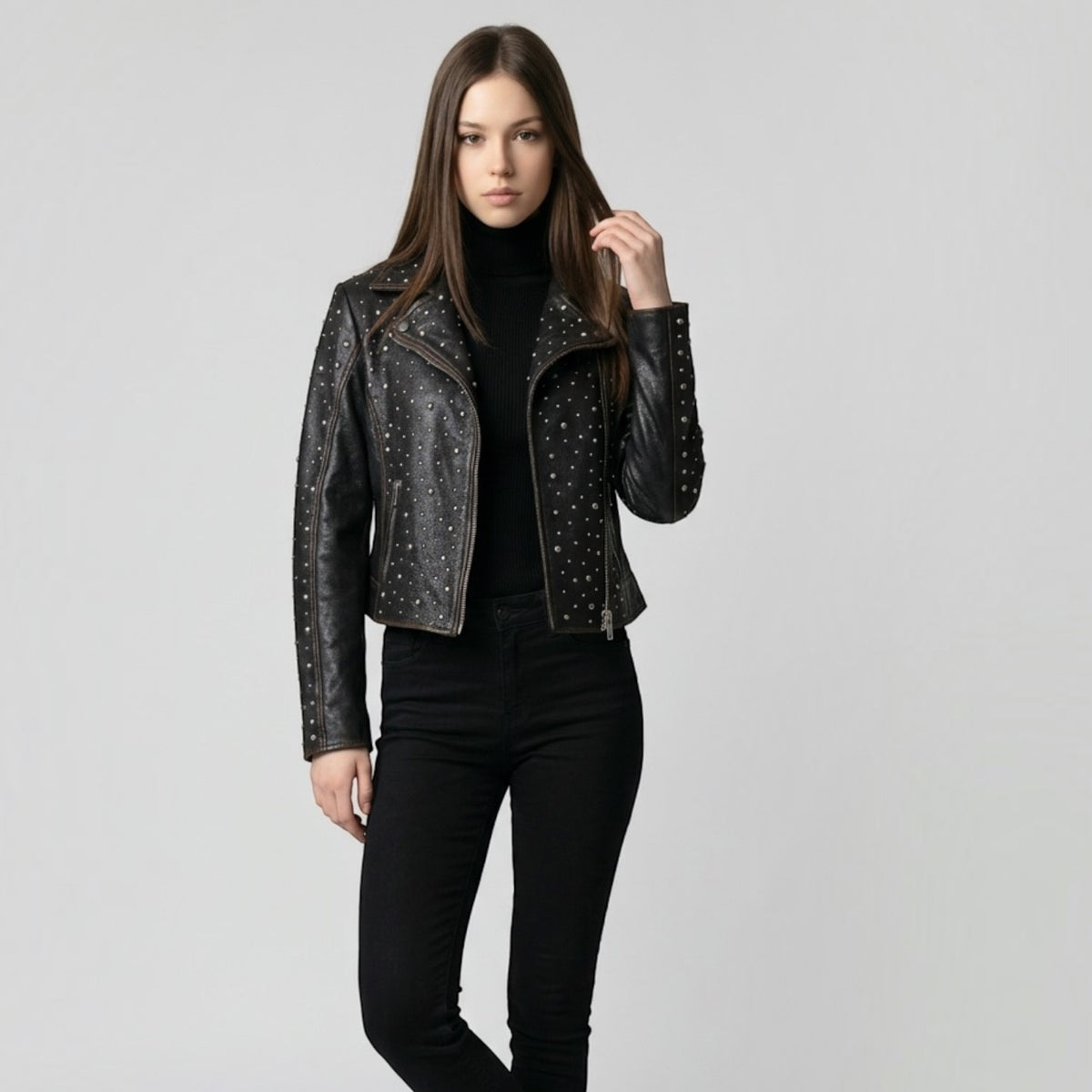 Roxanne RF Leather Jacket-Vintage Black
