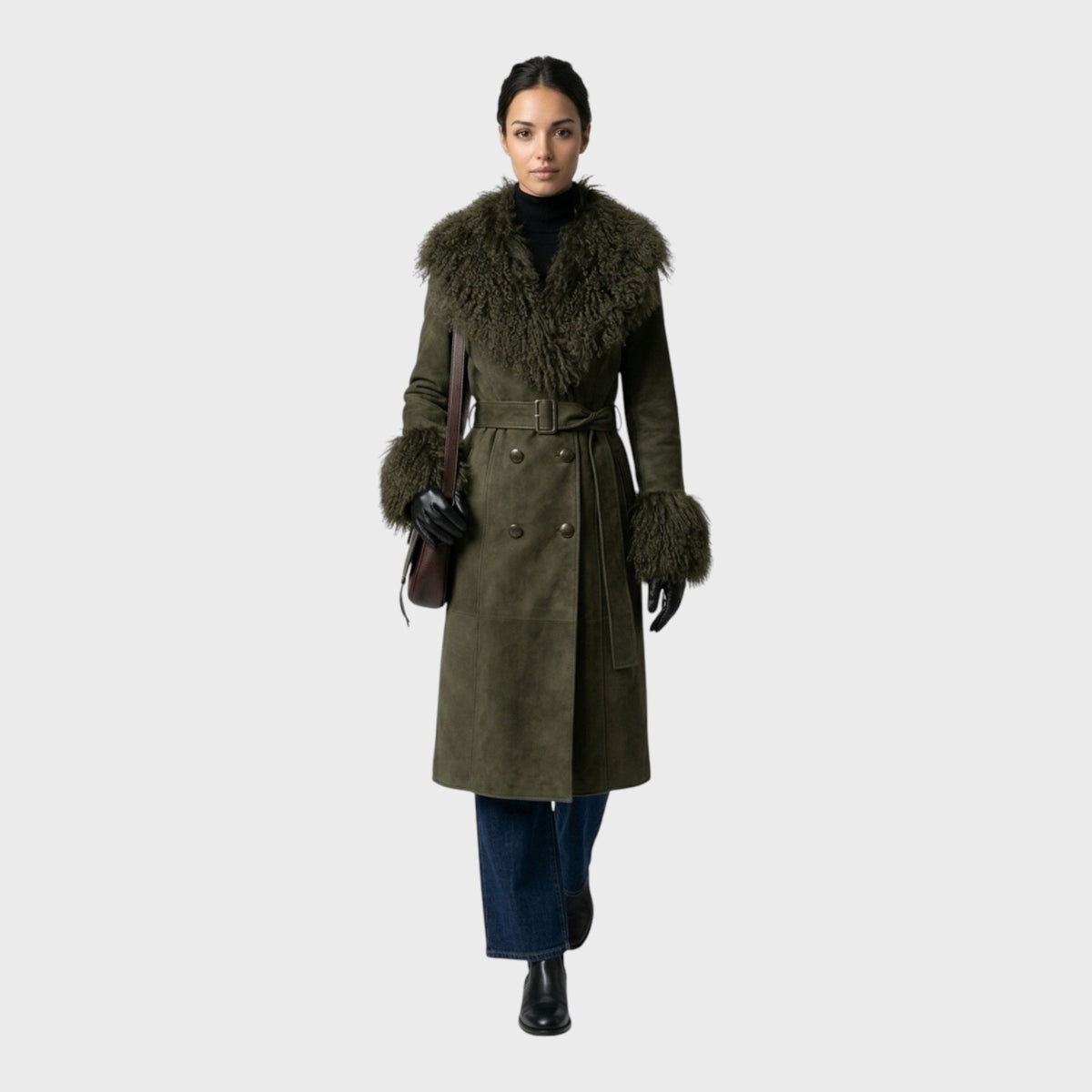 Olive Suede Coat with Mongolian Lamb Collar & Cuffs