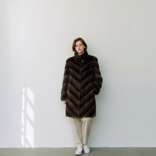 Brown Dyed Chevron Style Female Mink 3/4 Coat