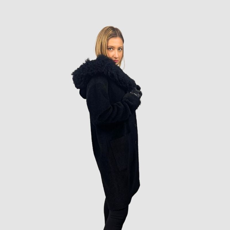 Black Alpaca Wool Hooded coat - Lamb Trim
