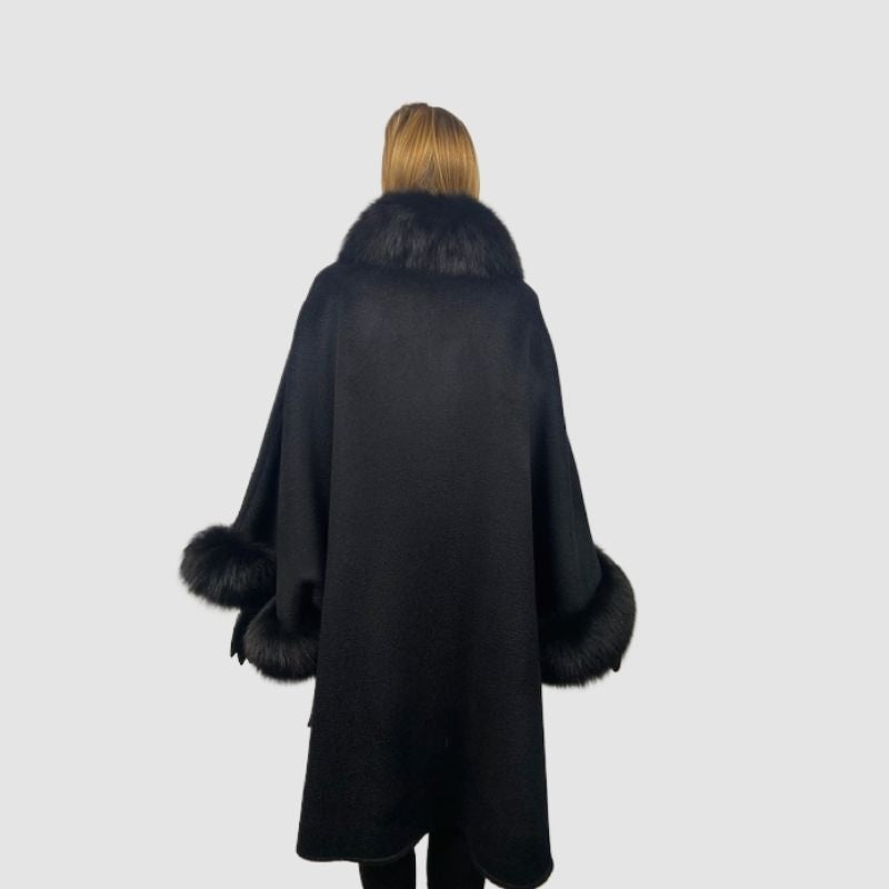 Black Baby Suri Oversize Long Cape - Fox Trim