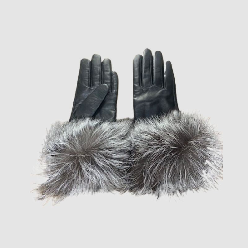 Black Leather Gloves - Black Fox Trim