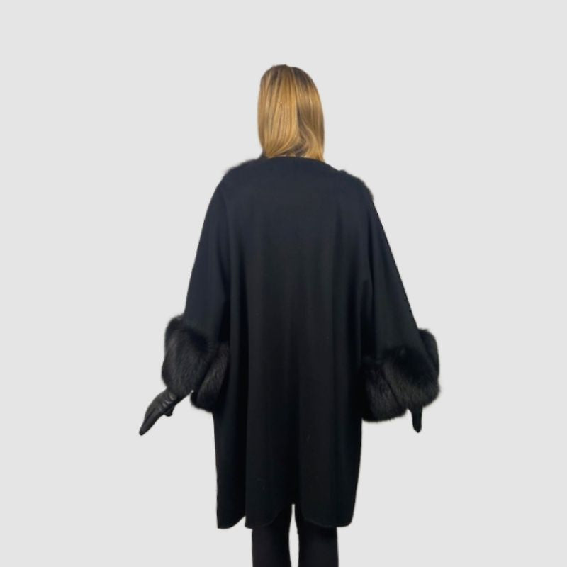 Black Loro Piana Fine Wool Long Cape - Fox Trim