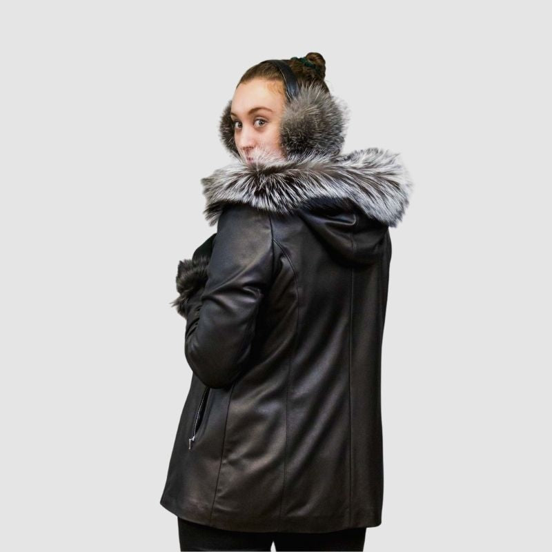 Black Silk Leather Jacket - Silver Fox Trim