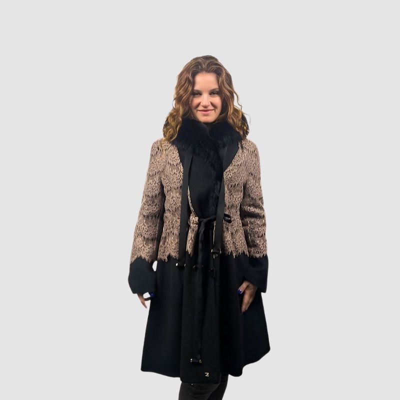 Double Cashmere & Lace Jacket Cinnamon Brown - Black Fox Collar
