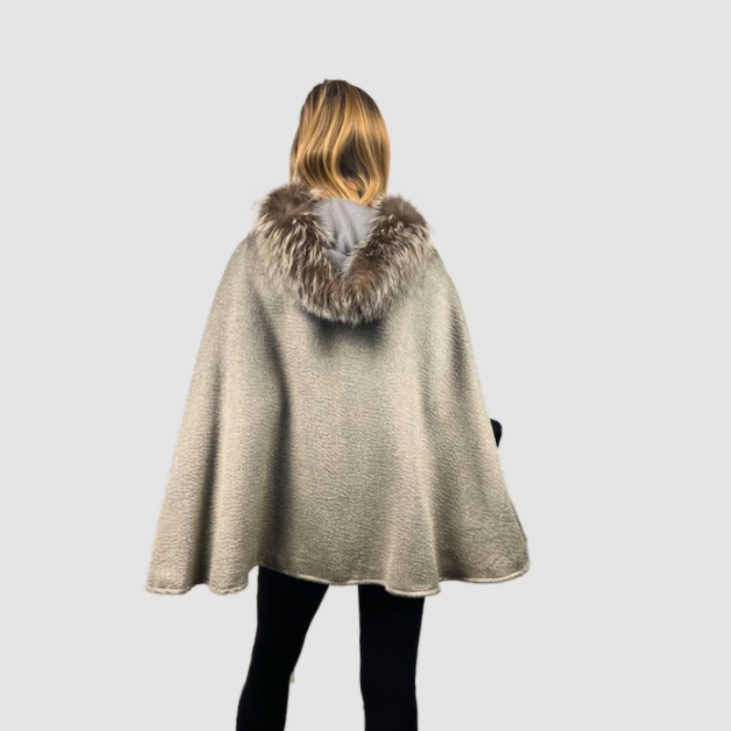 Grey Baby Alpaca Hooded Cape - Fox Trim