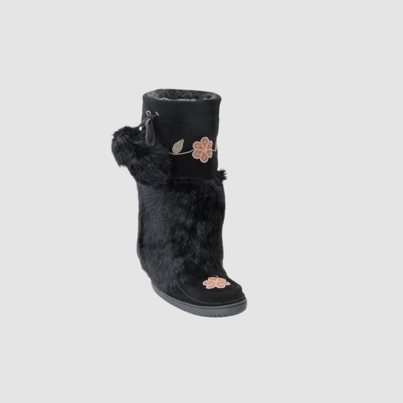 Tall Metis Mukluk - Suede Black - Black Rabbit Fur