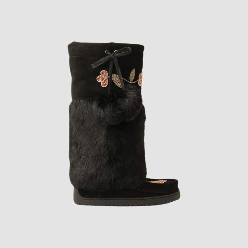 Tall Metis Mukluk - Suede Black - Black Rabbit Fur