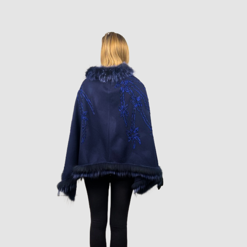 Navy Cashmere & Wool Blend Cape - Fox Trim