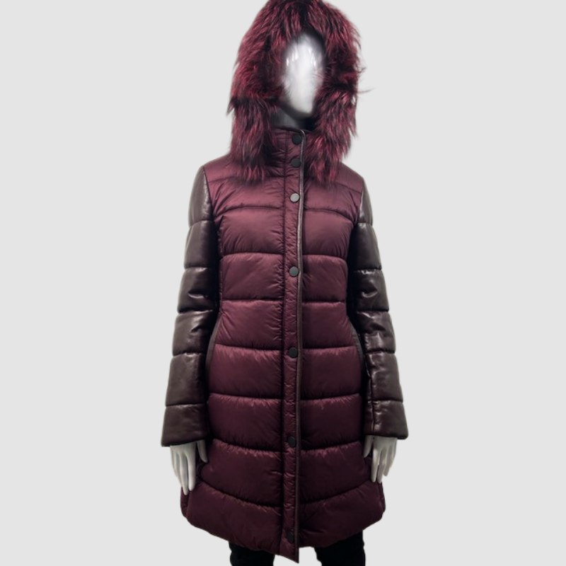 Puffy Coat with Leather Sleeves - Hood Fur Trim