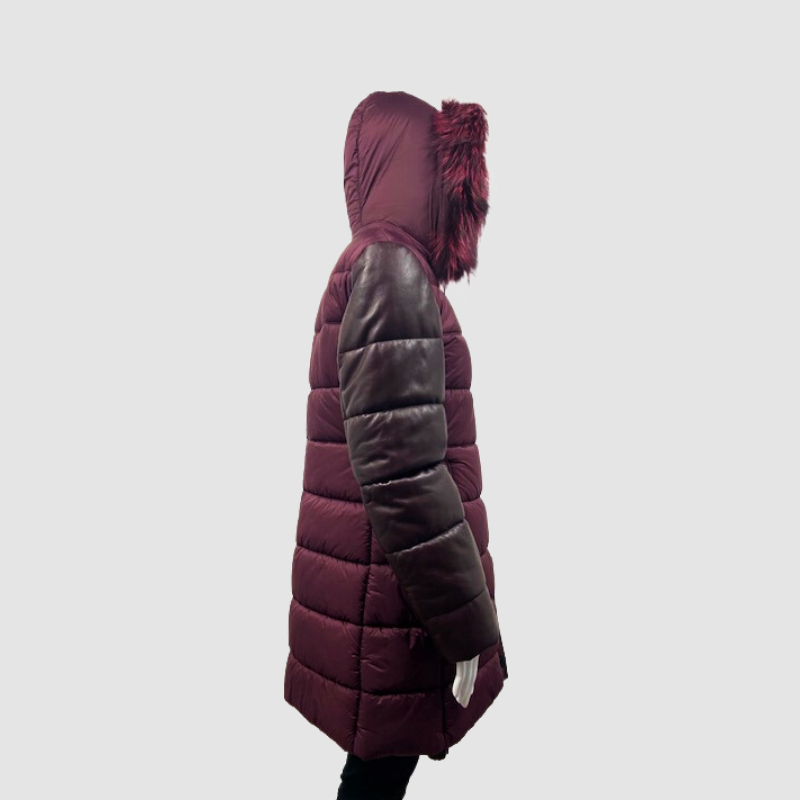 Puffy Coat with Leather Sleeves - Hood Fur Trim