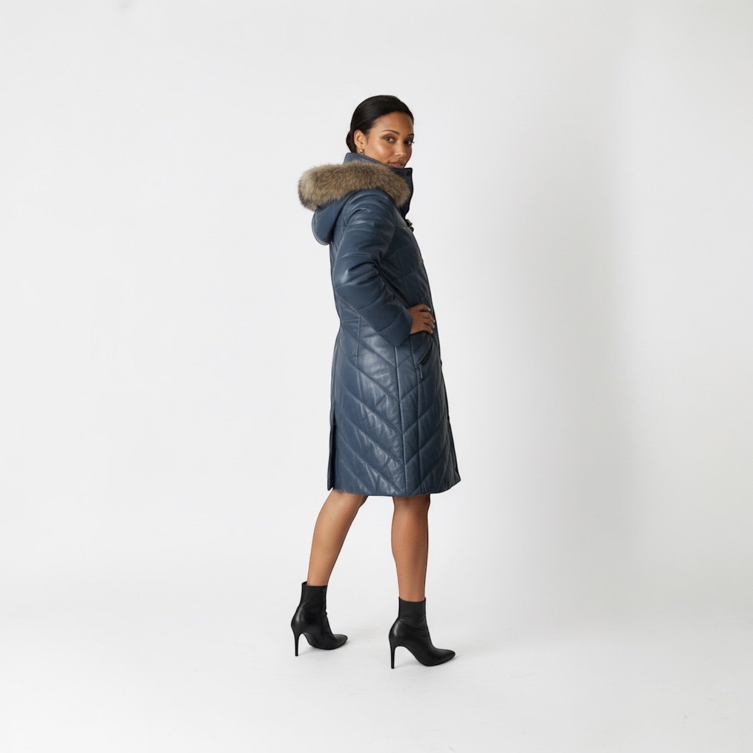 Denim Blue Leather Jacket - Detachable Hood Fur Trim