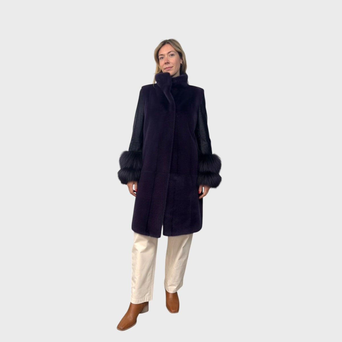 Purple Dyed Female Mink 7/8 Coat - Matching Swakara Sleeves & Fox trim