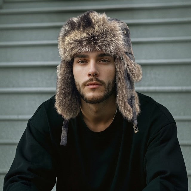 Men's Raccoon Aviator Hat - with Plaid Wool