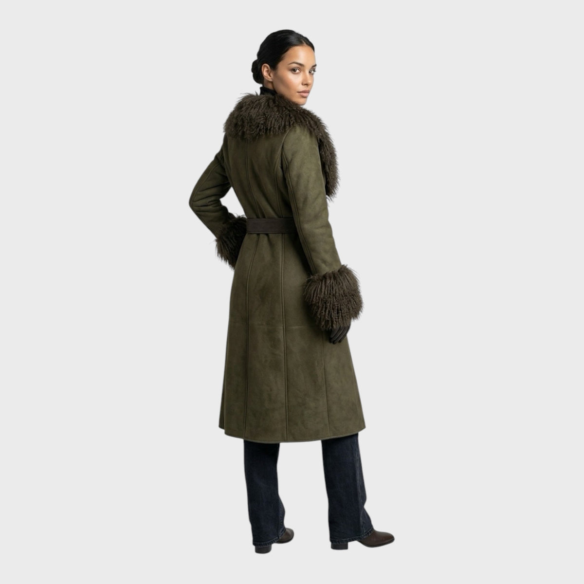 Olive Suede Coat with Mongolian Lamb Collar & Cuffs