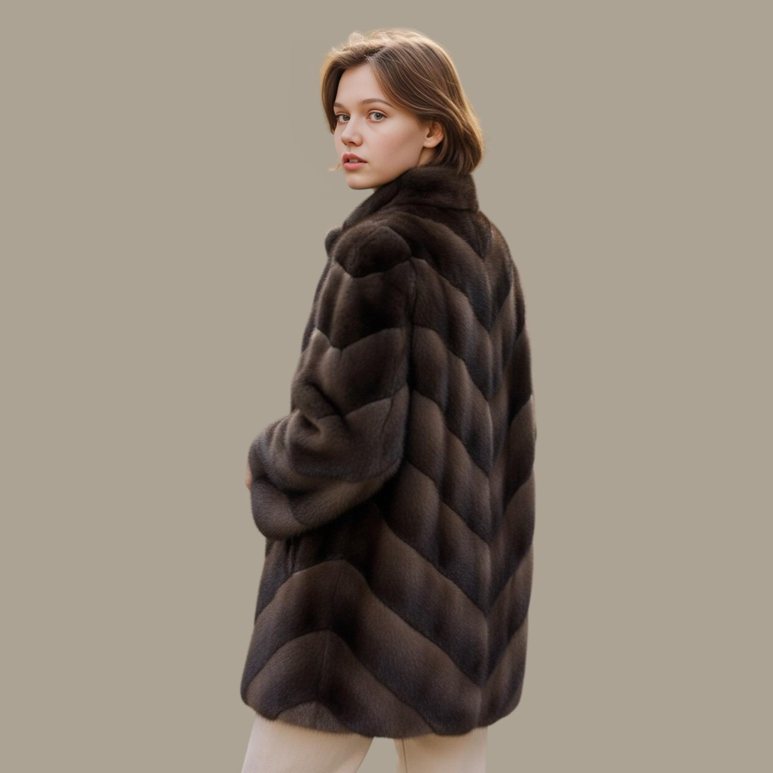 Brown Dyed Chevron Style Female Mink 3/4 Coat