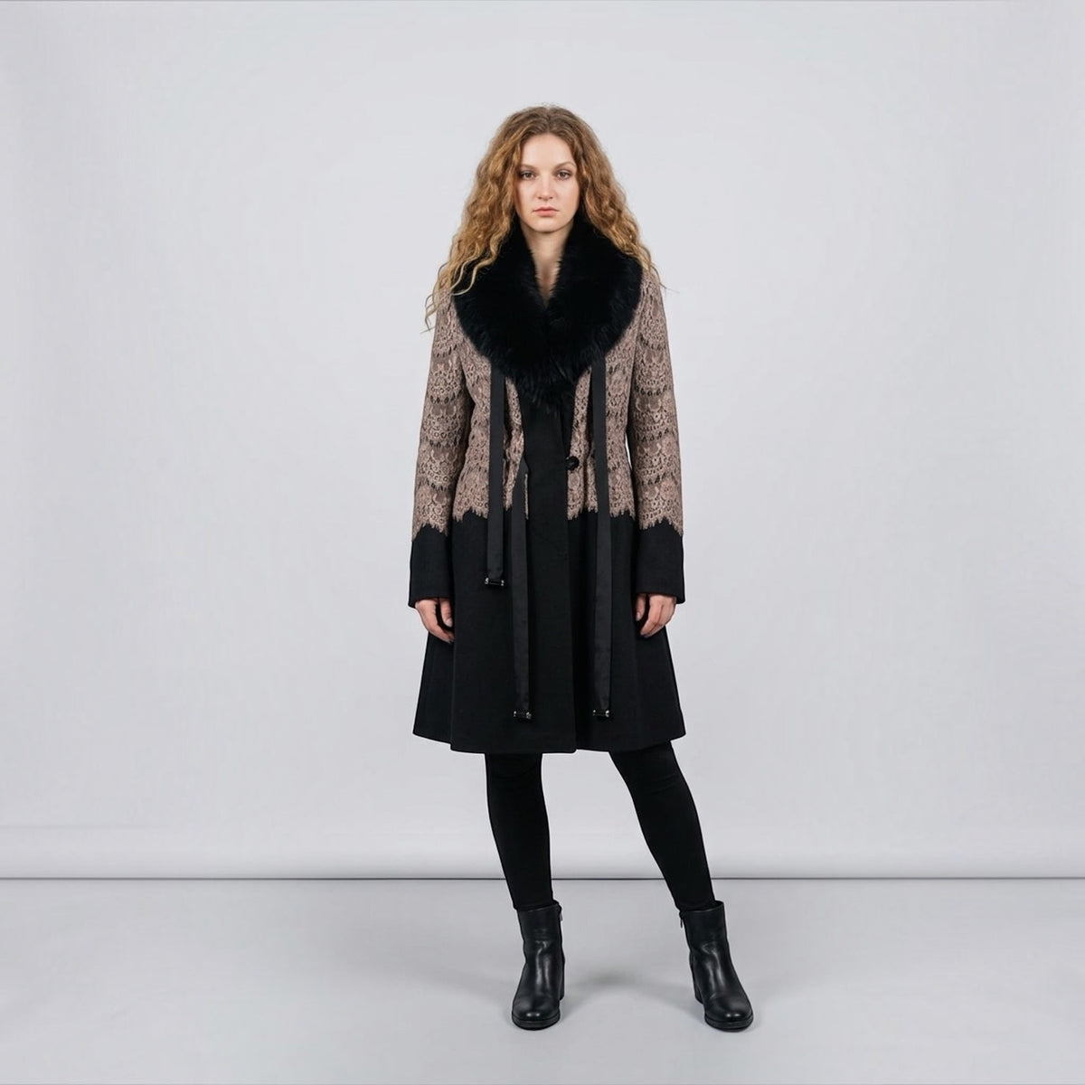 Guy Laroche Double Face Cashmere & Lace Coat with Fox Collar