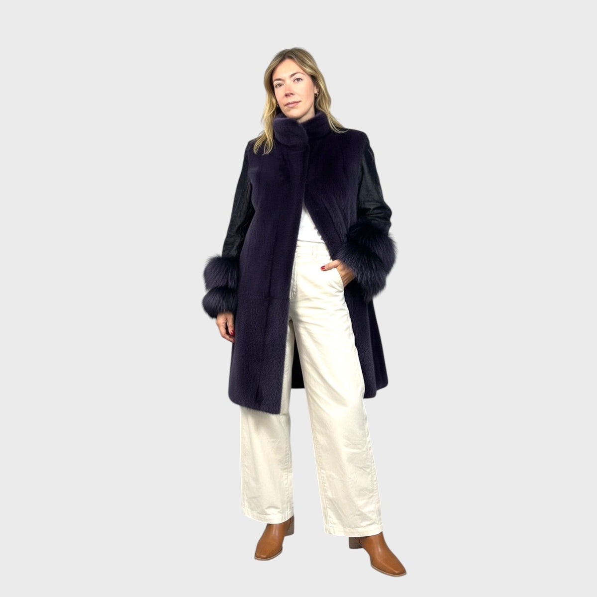 Purple Dyed Female Mink 7/8 Coat - Matching Swakara Sleeves & Fox trim