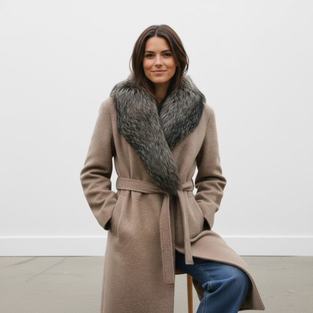 Baby Alpaca 7/8 Coat with Detachable Fox Collar