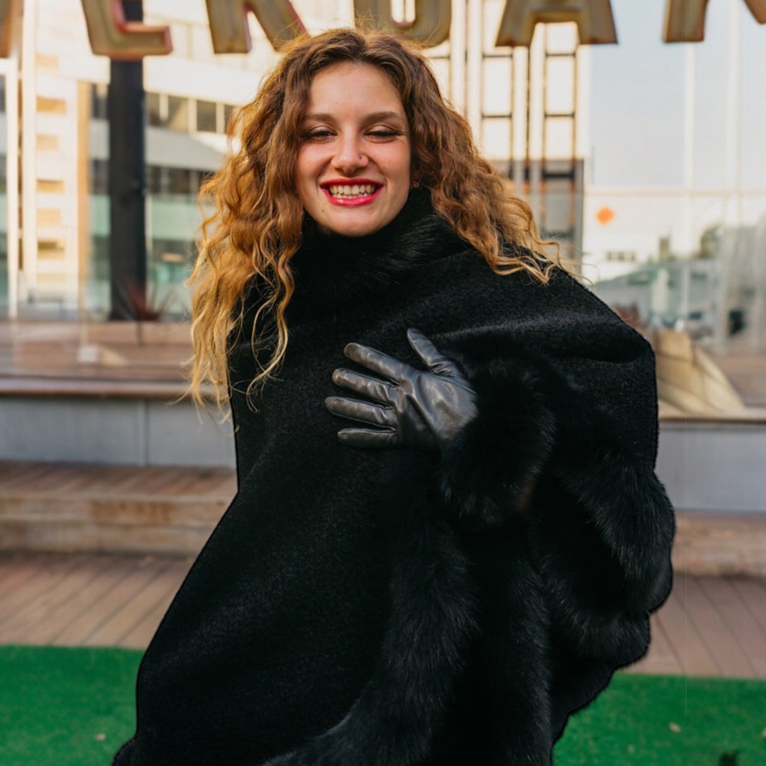 Black Alpaca Cape -Fox Trim