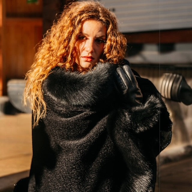 Black Alpaca Cape -Fox Trim