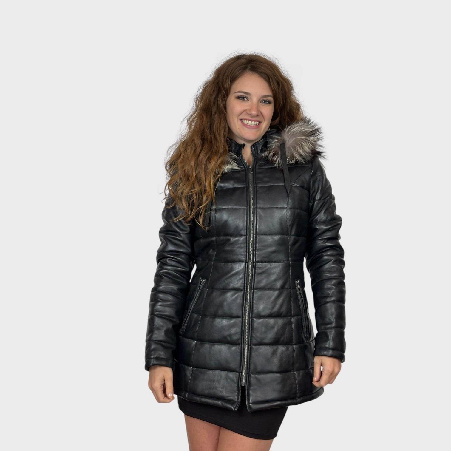 Black Quilted Leather Jacket - Silver Fox Trim