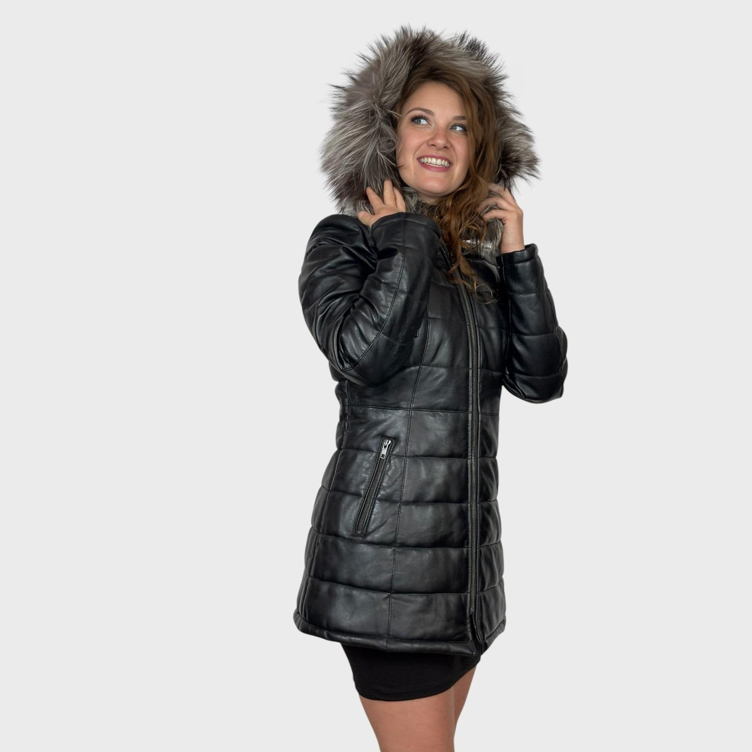 Black Quilted Leather Jacket - Silver Fox Trim