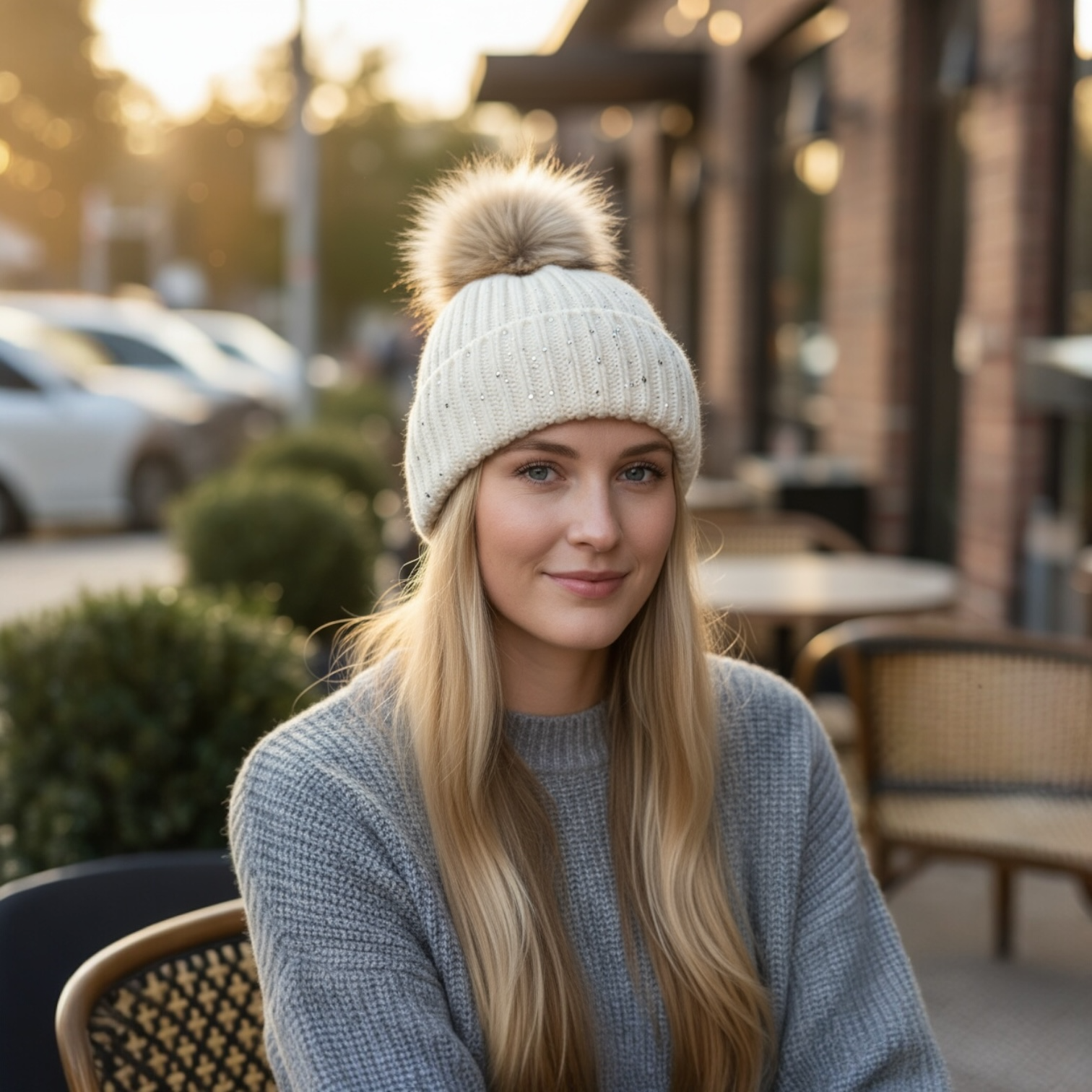 White Knit Hat with Neck-warmer & Gloves Set
