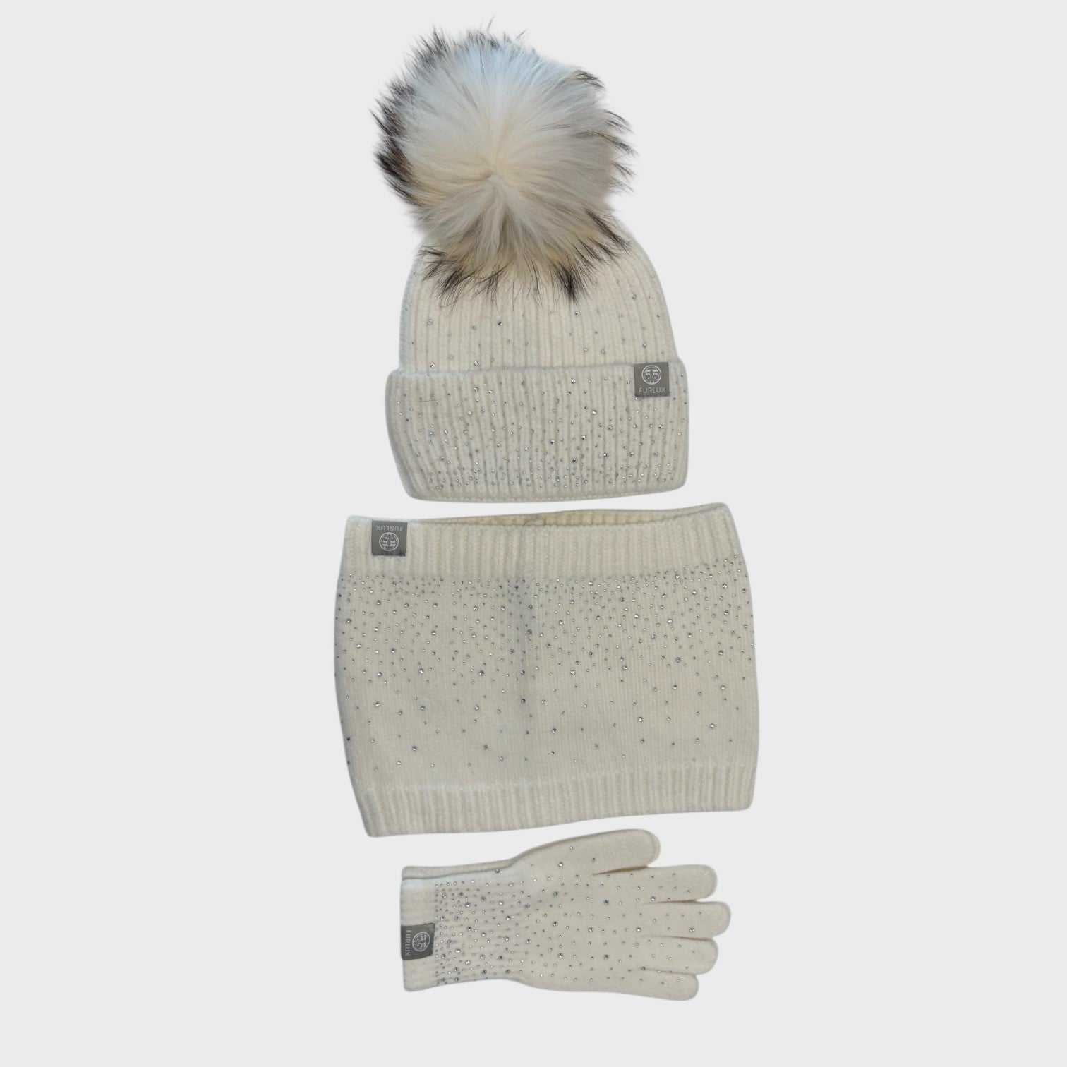White Knit Hat with Neck-warmer & Gloves Set