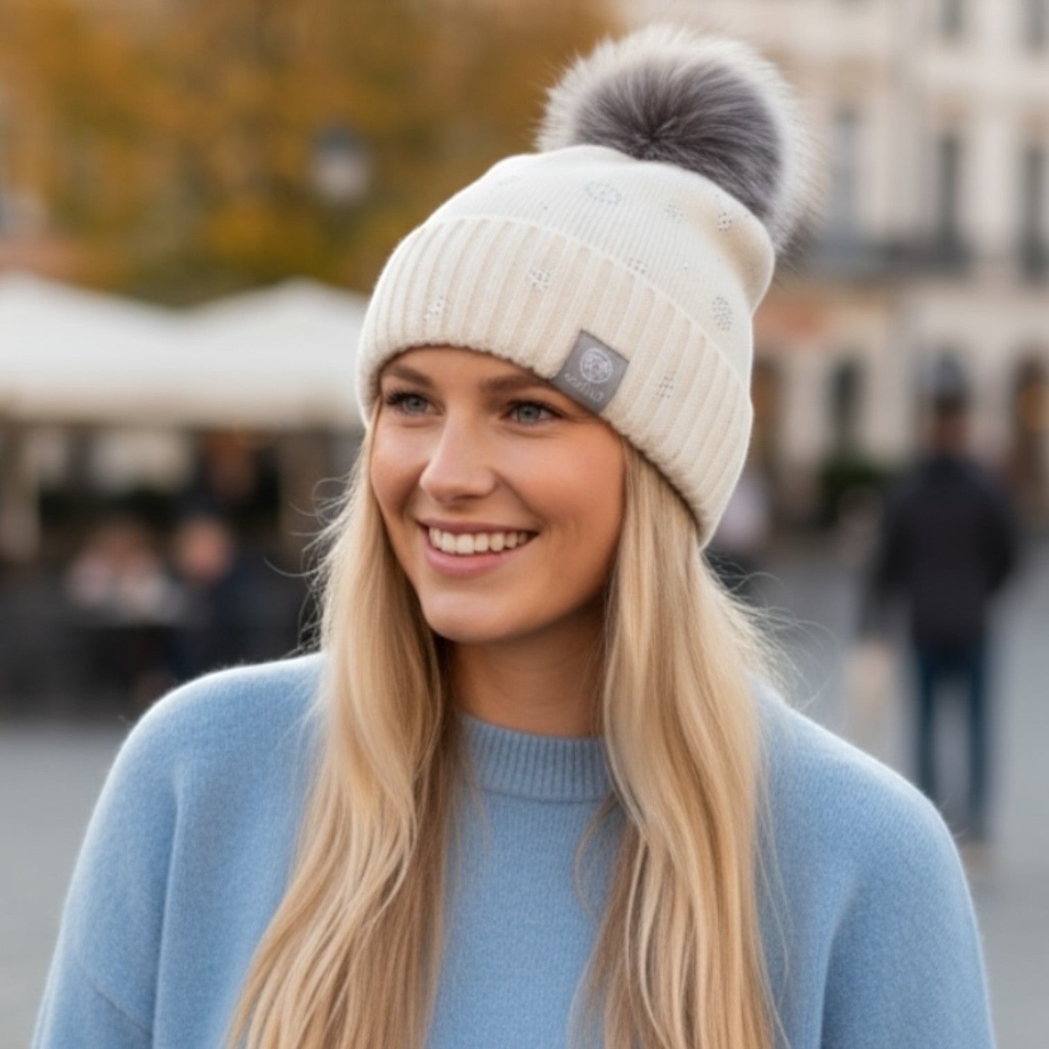 White Knit Hat with Silver Snowflakes
