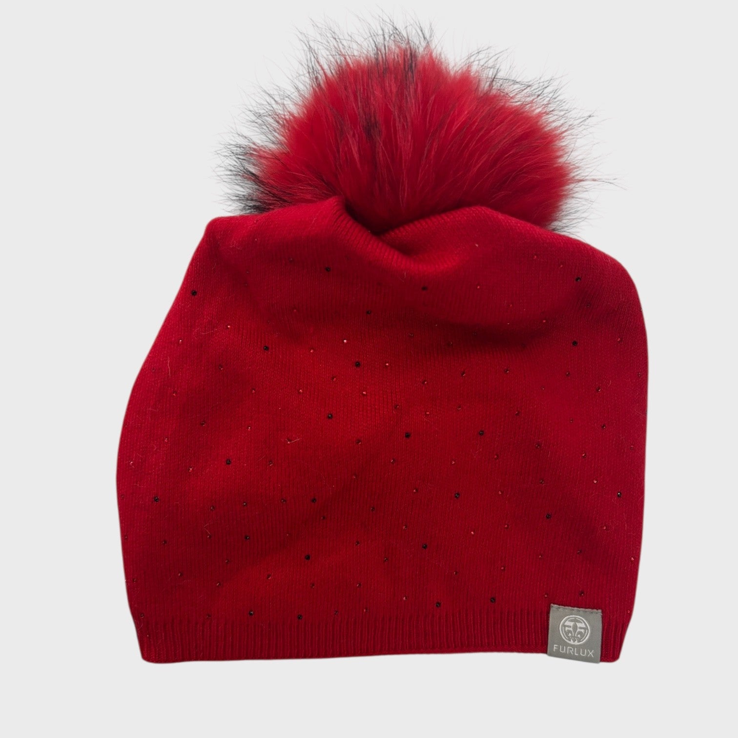 Red Knit Hat With Fox Pompom