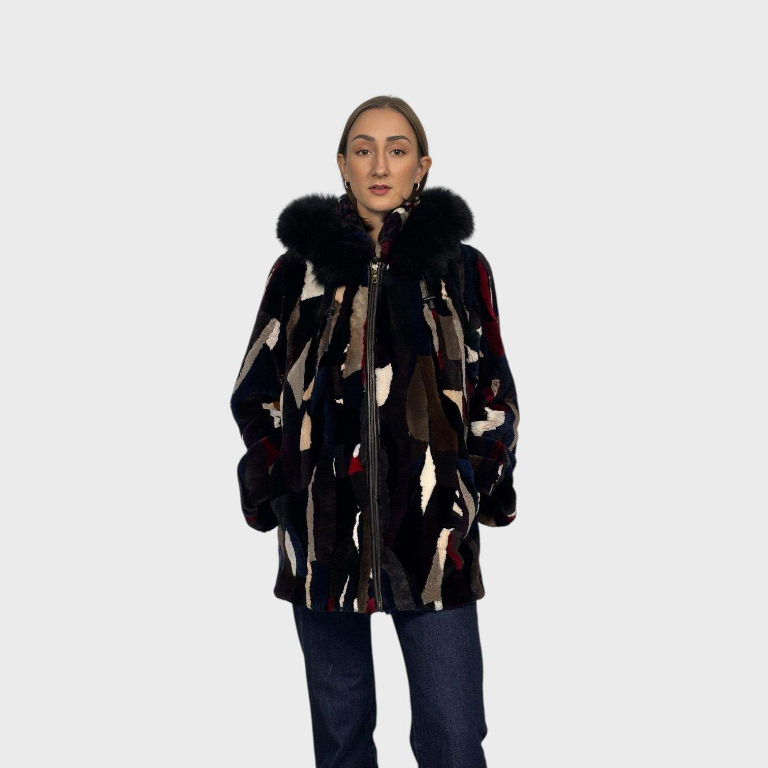 Multicolored Sheared Beaver Jacket - Detachable Hood - Zipper Fronts