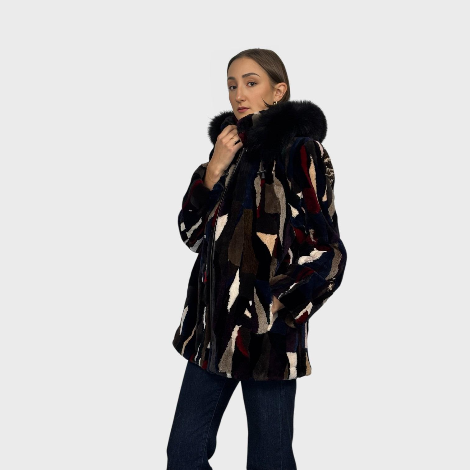 Multicolored Sheared Beaver Jacket - Detachable Hood - Zipper Fronts