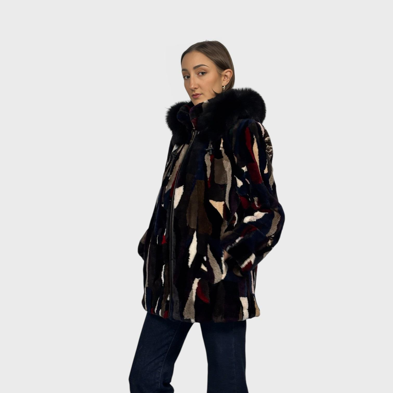 Multicolored Sheared Beaver Jacket - Detachable Hood - Zipper Fronts