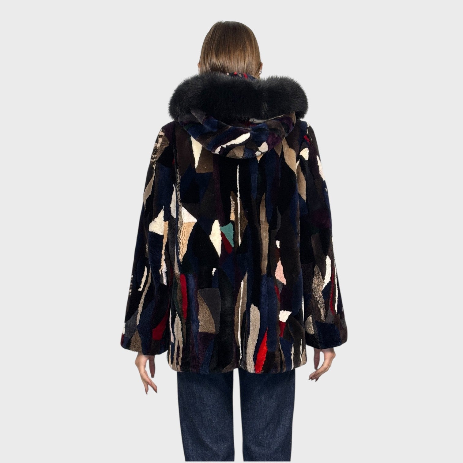 Multicolored Sheared Beaver Jacket - Detachable Hood - Zipper Fronts
