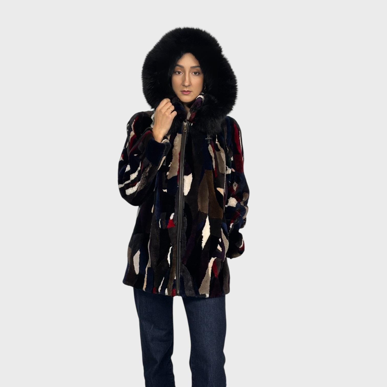 Multicolored Sheared Beaver Jacket - Detachable Hood - Zipper Fronts