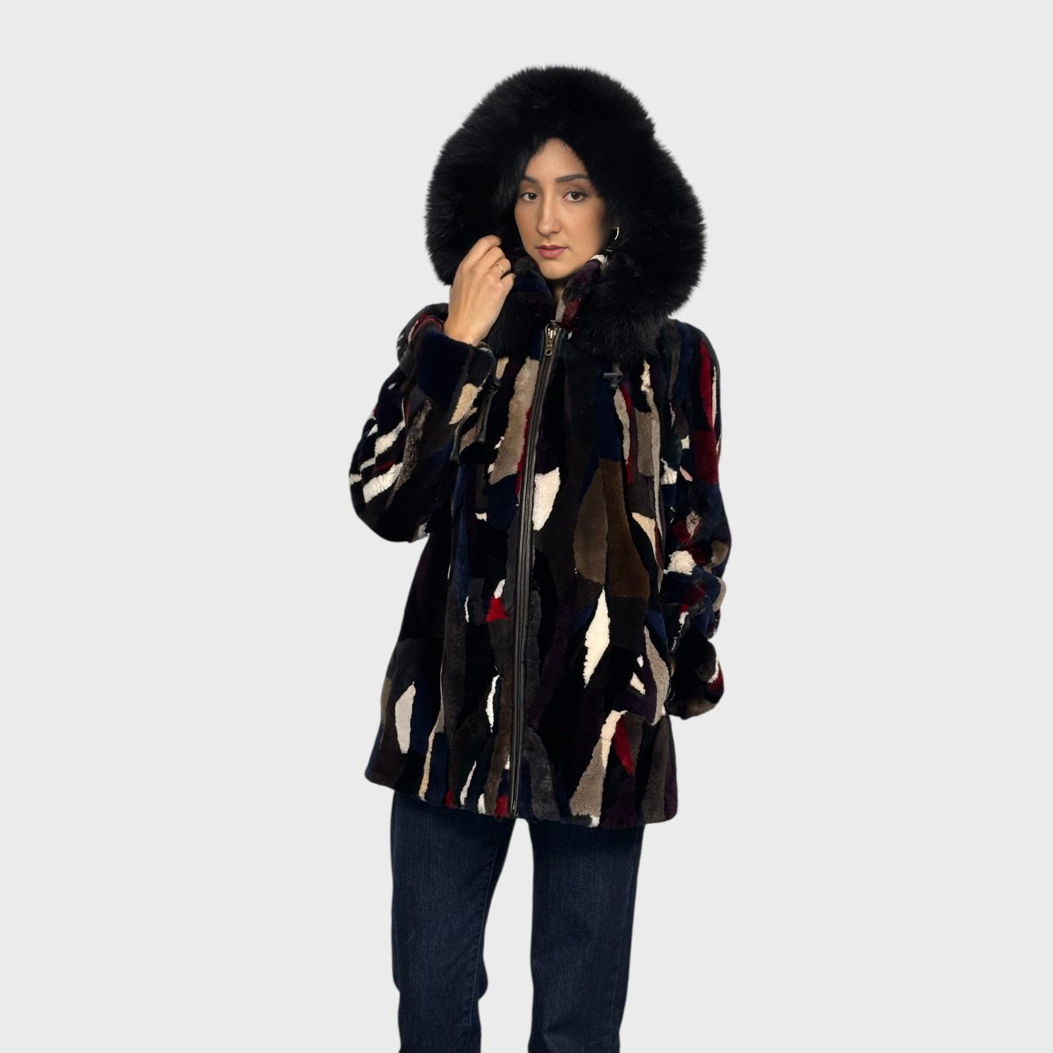 Multicolored Sheared Beaver Jacket - Detachable Hood - Zipper Fronts