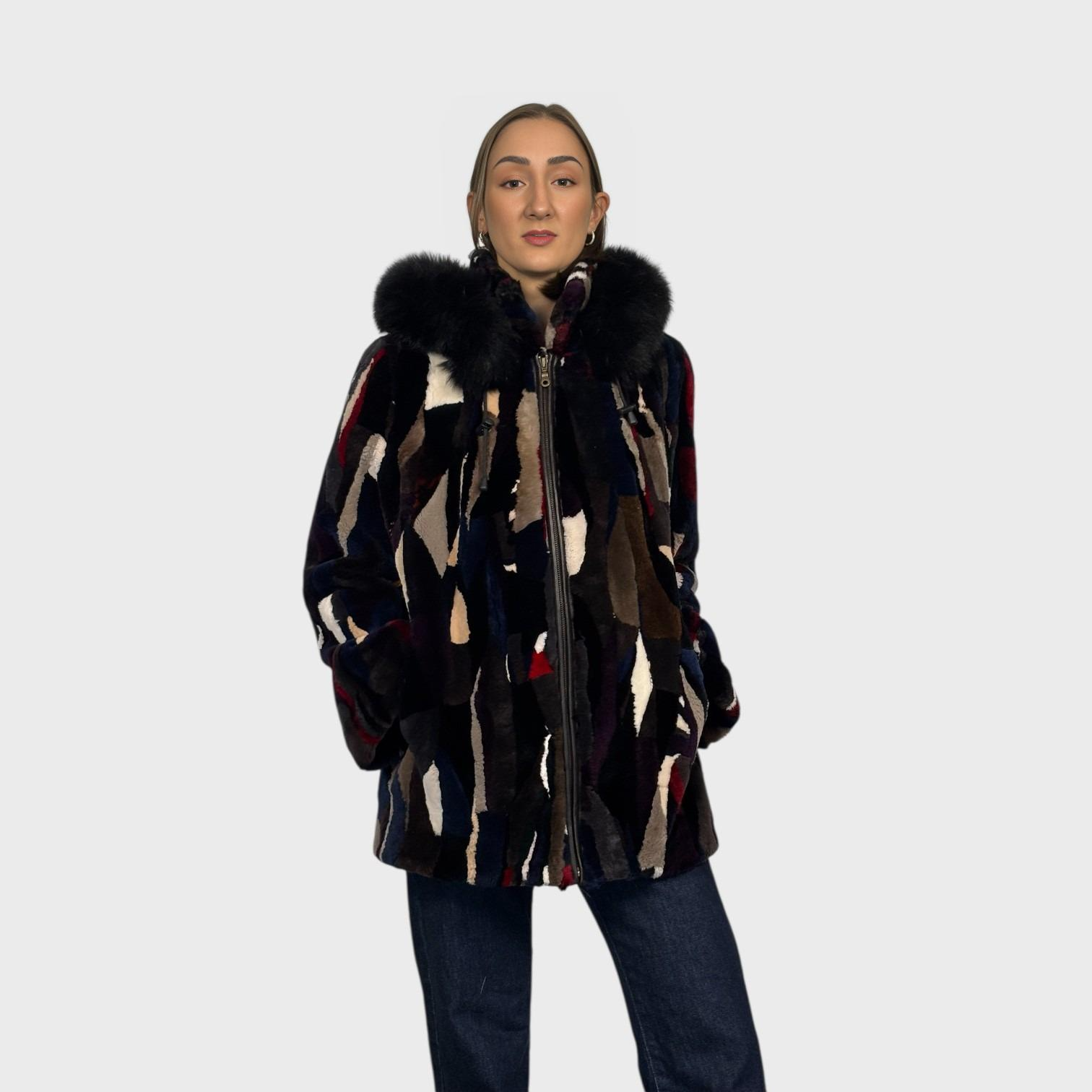 Multicolored Sheared Beaver Jacket - Detachable Hood - Zipper Fronts