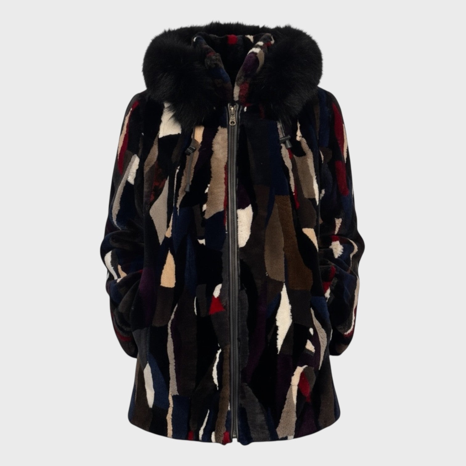 Multicolored Sheared Beaver Jacket - Detachable Hood - Zipper Fronts