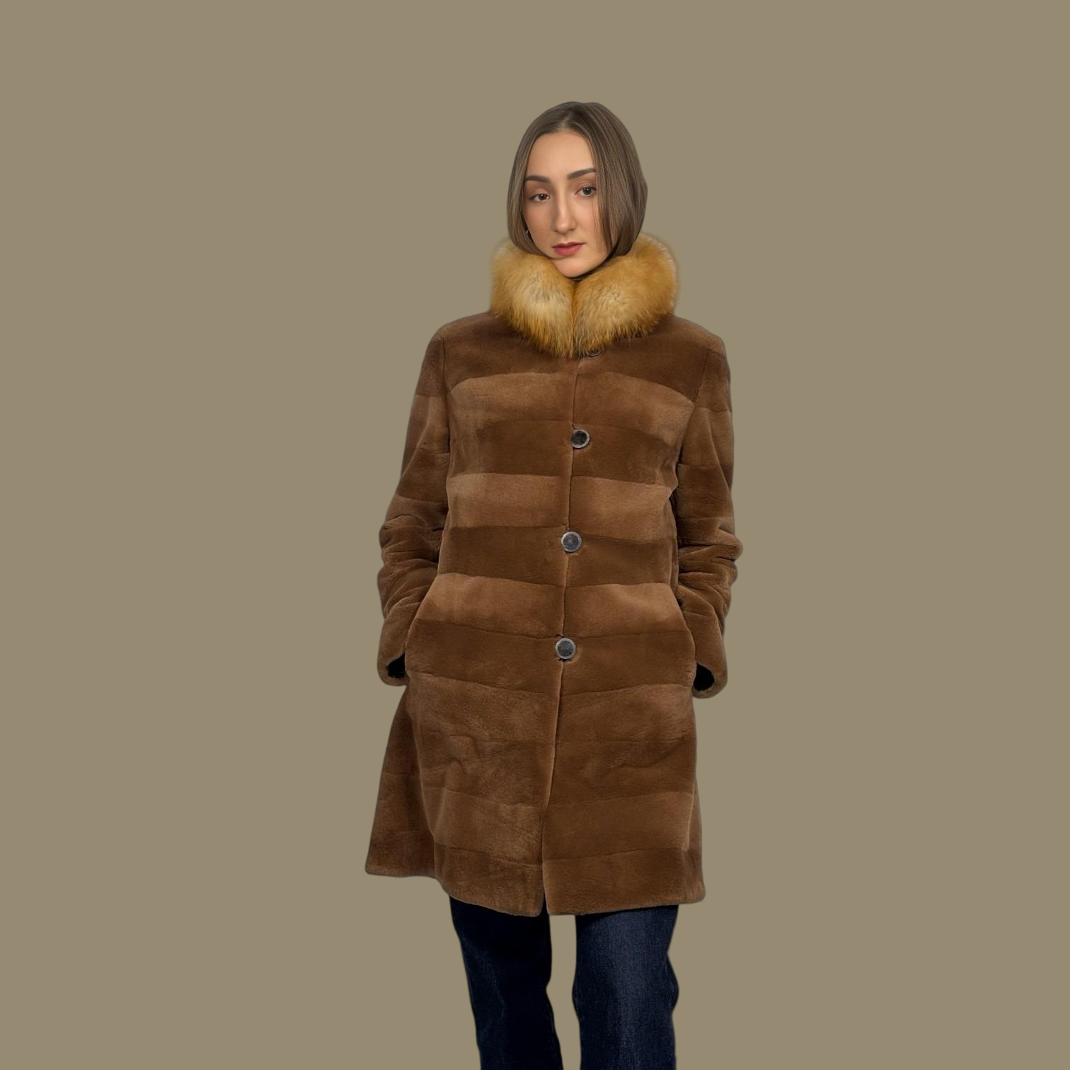 Horizontal Brown Sheared Female Mink Jacket - Red Fox Collar-Reversible to taffeta