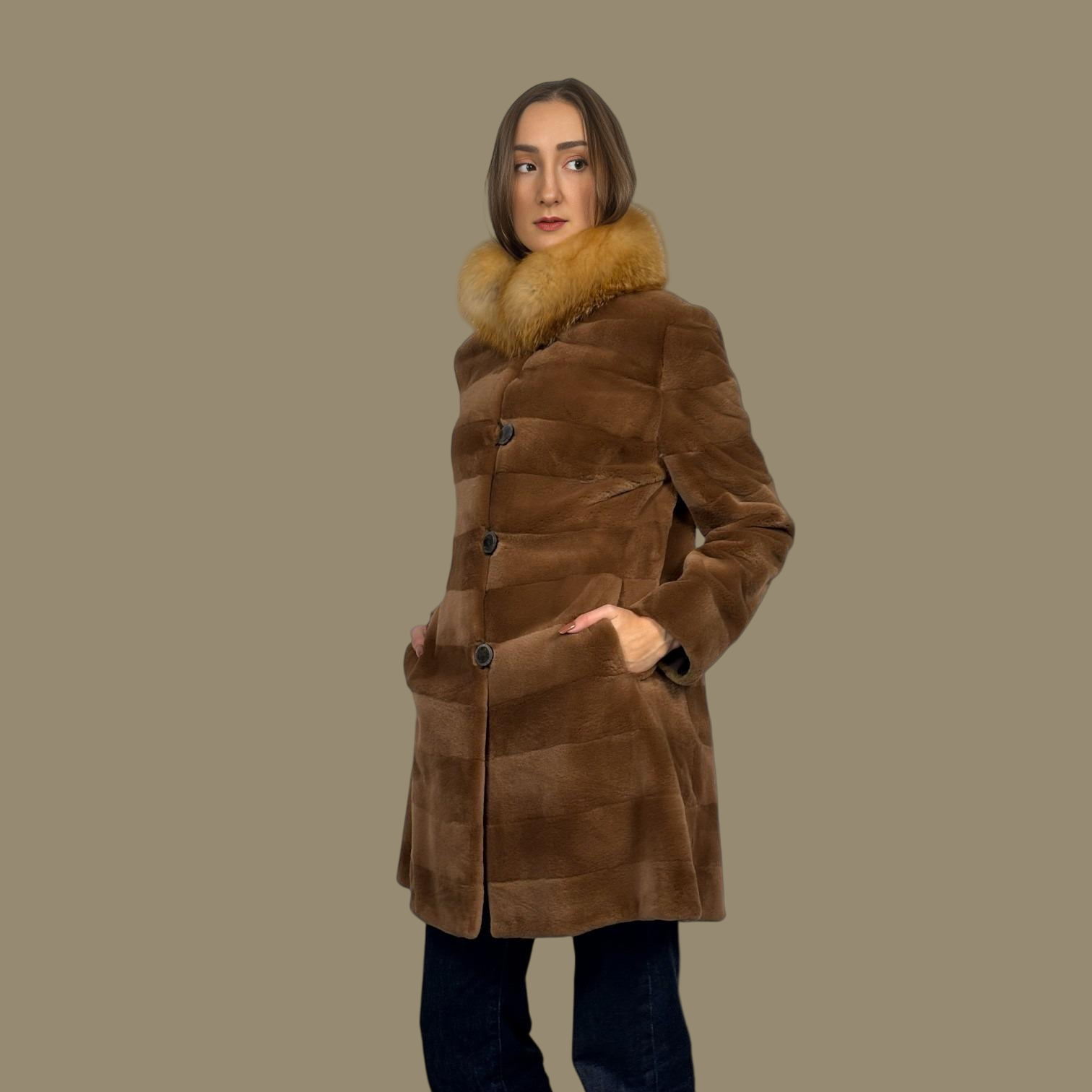 Horizontal Brown Sheared Female Mink Jacket - Red Fox Collar-Reversible to taffeta